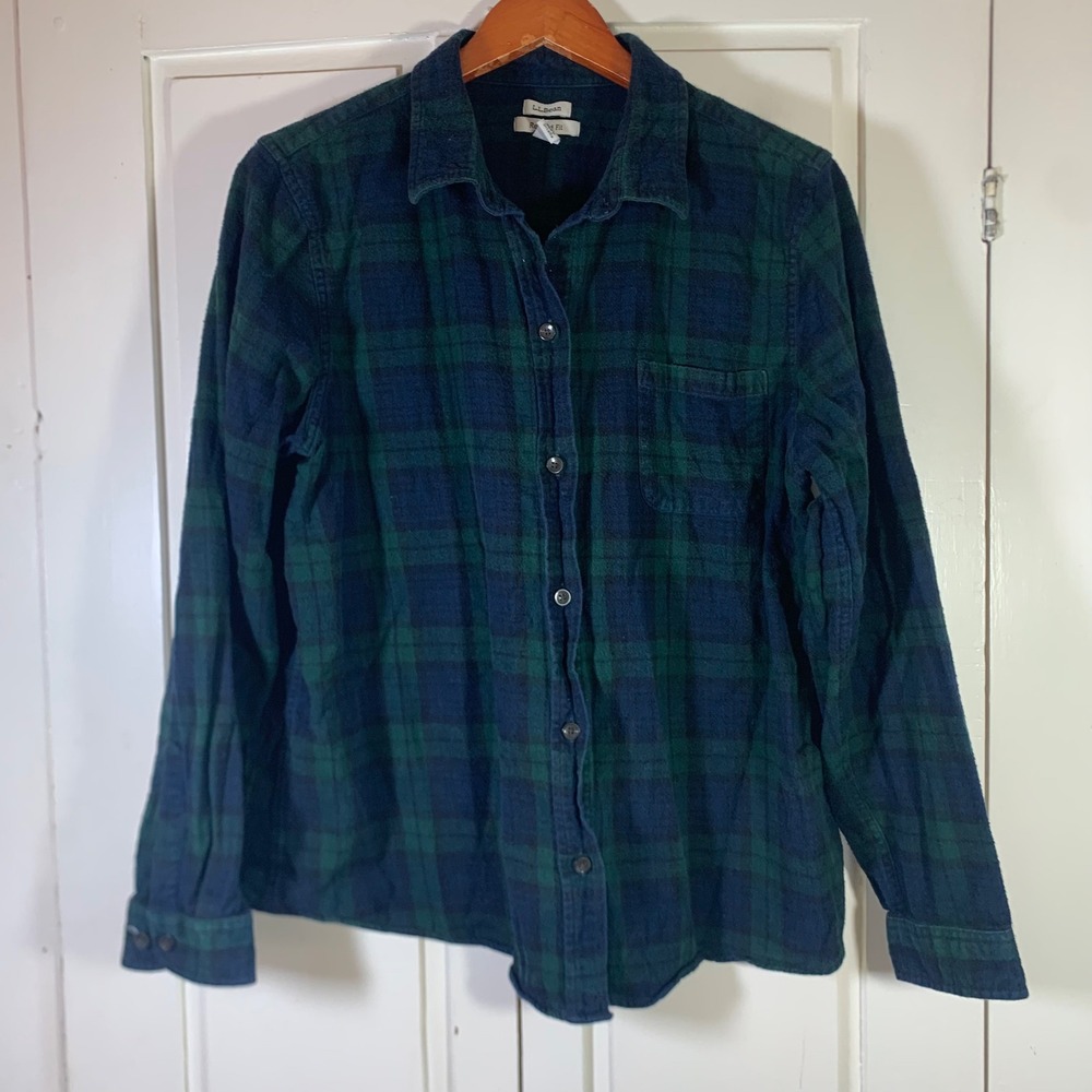 LL Bean Relaxed Fit Flannel Shirt Womens XL Blue Green Plaid Black Watch 273137